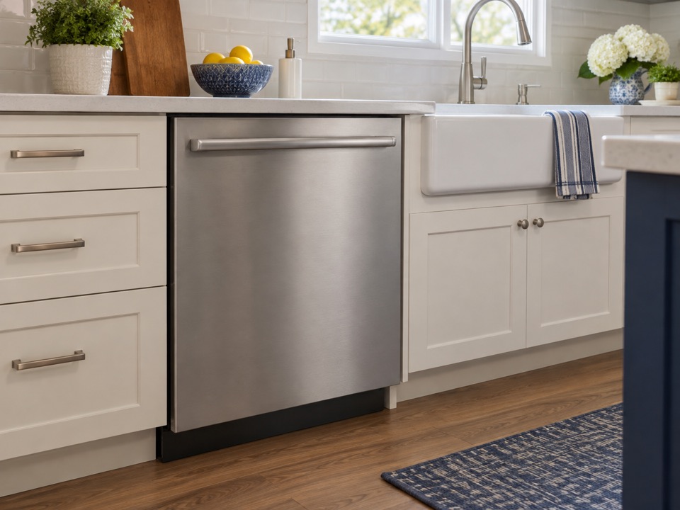 Built-in dishwasher beside a residential kitchen sink