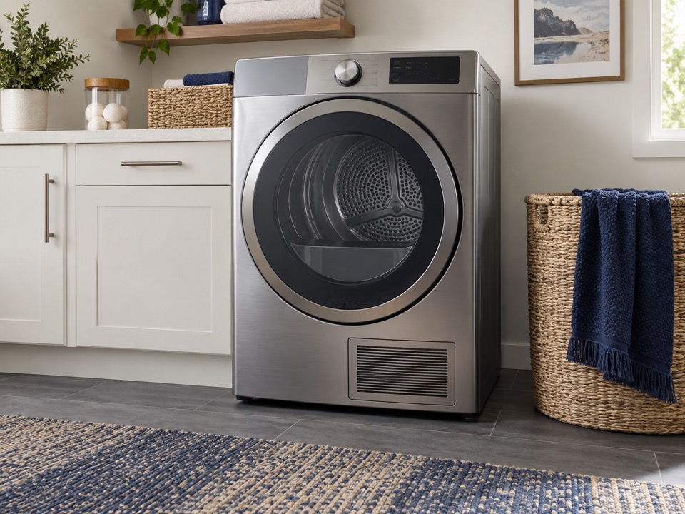 Front-loading clothes dryer in a residential laundry room