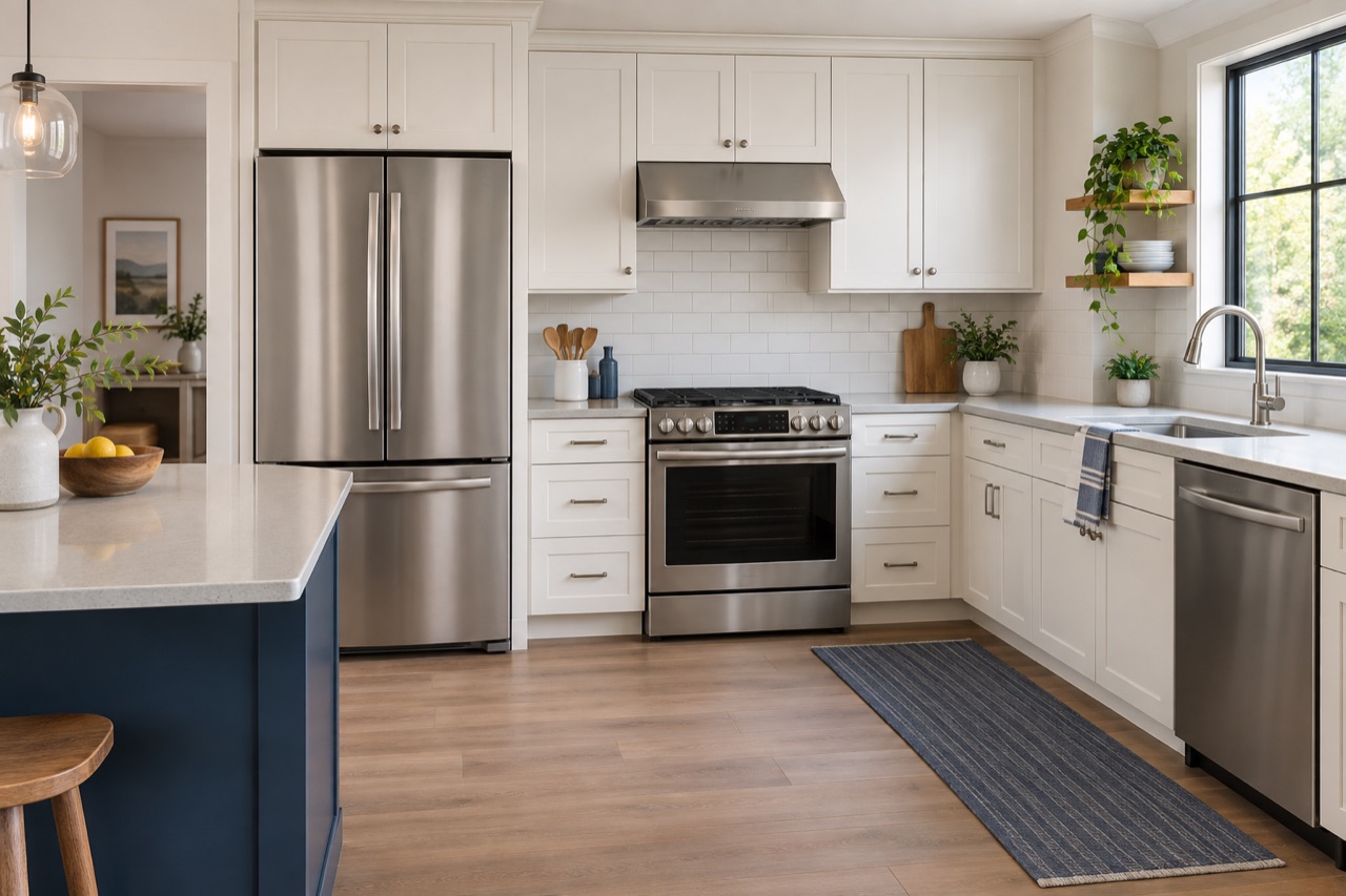 Residential kitchen with a refrigerator, range, oven, and dishwasher