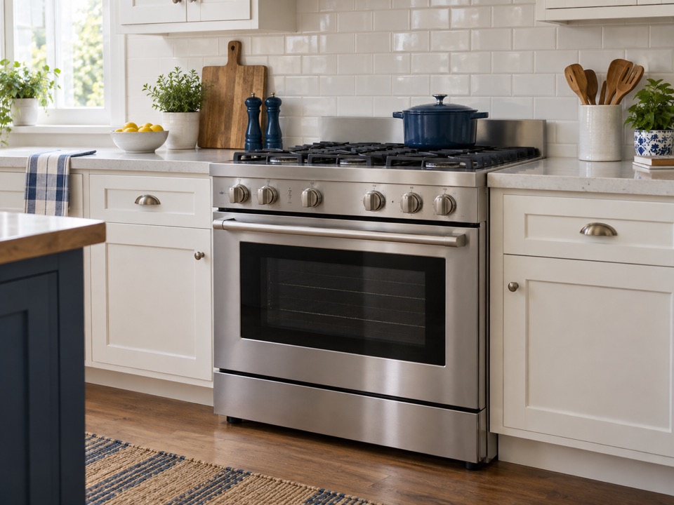 Freestanding stove and range with oven in a residential kitchen