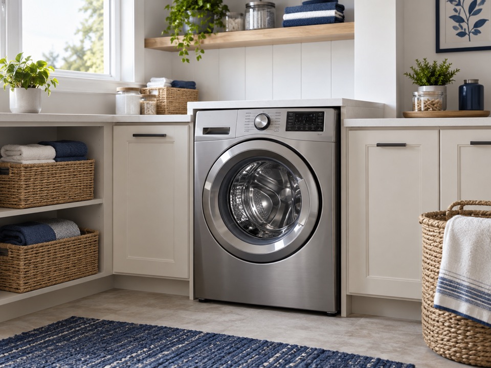 Front-loading washing machine in a residential laundry room